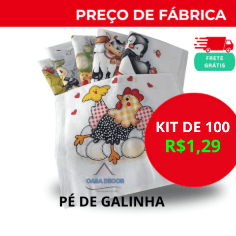 100UN. Pano de Prato Bainha Pé de Galinha Branco estampado